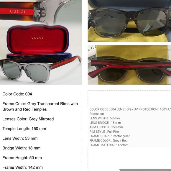 GUCCI GREY TRANSPARENT FRAMES WITH GUCCI COLORS ON ARMS WITH GREY MIRROR LENSES - Picture 4 of 16